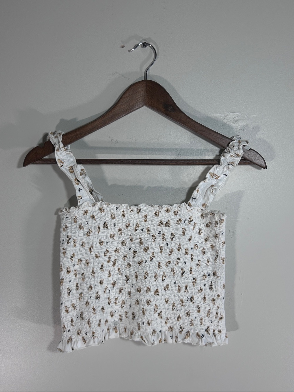 Billabong White Smocked Crop Top with Beige Floral Dots